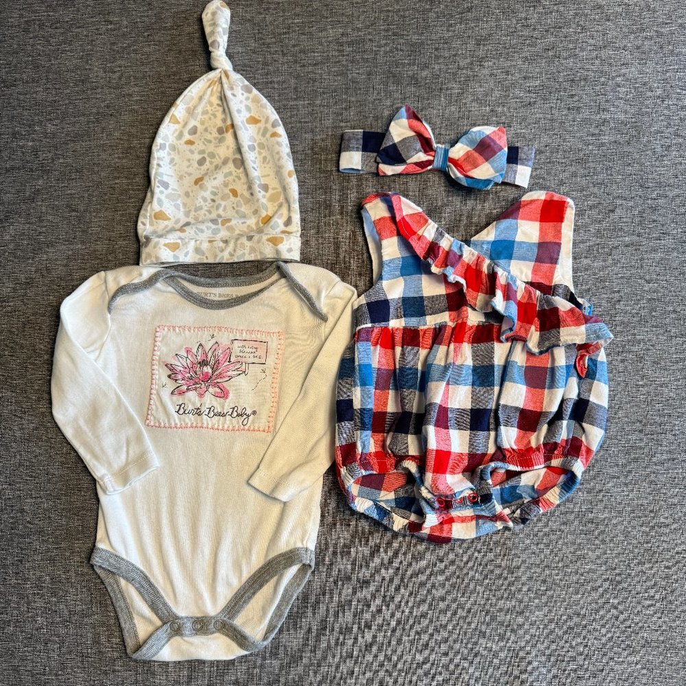 Bundle of cuteness - size 3 - 6 mo - romper with bow, bodysuit, and knotted hat